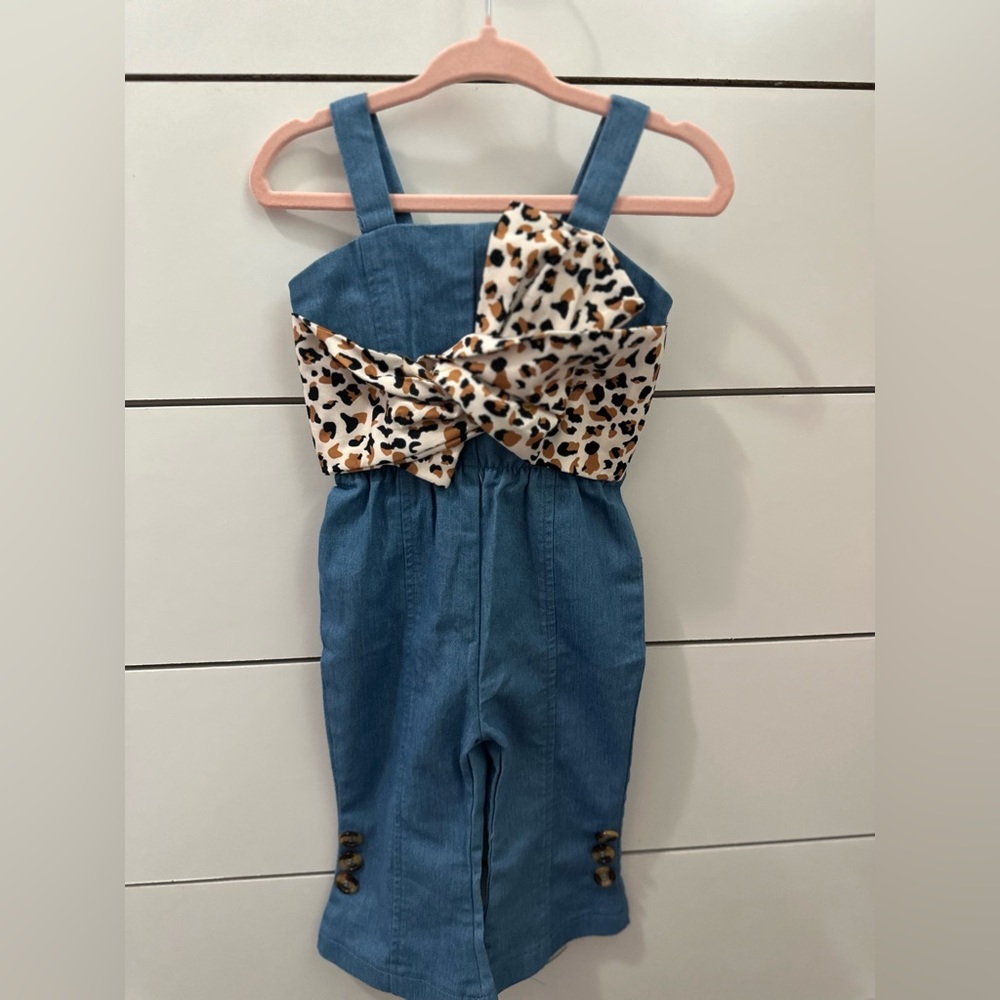 NWOT denim leopard print bow baby girl overalls. - Picture 6 of 6